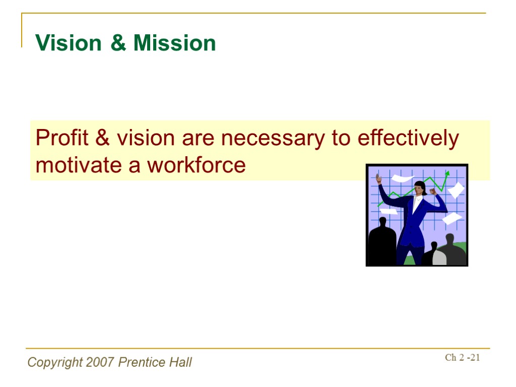 Copyright 2007 Prentice Hall Ch 2 -21 Vision & Mission Profit & vision are